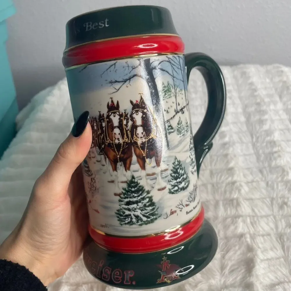BUDWEISER 1991 Collectors Series The Seasons Best Beer Mug‎ Holiday Green Red